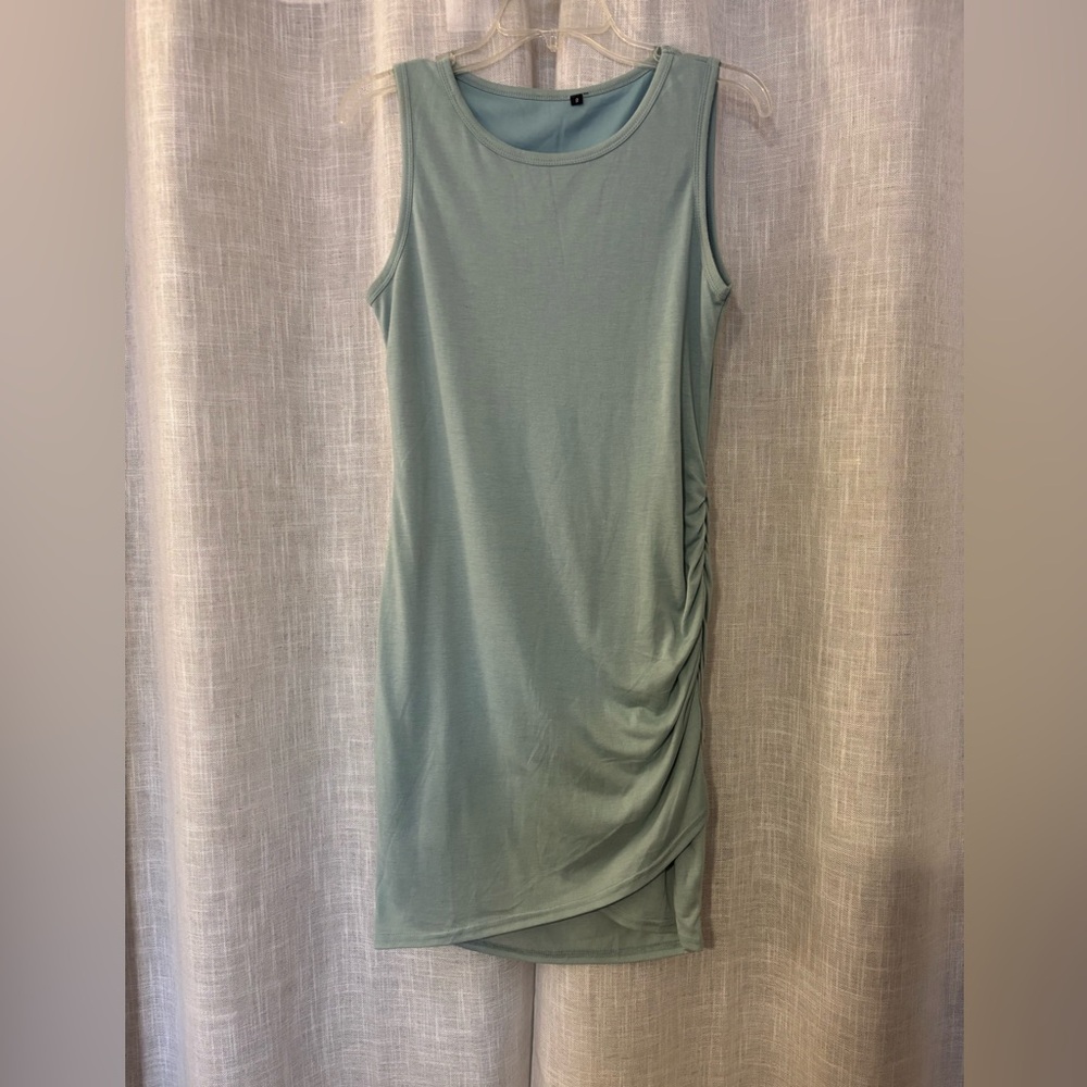 Elegant Sleeveless Side Ruched Aqua Green Dress